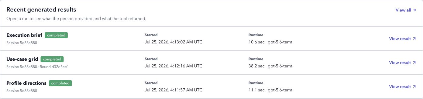 Recent generated results panel with completed profile directions, use-case grid, and execution brief records from one session