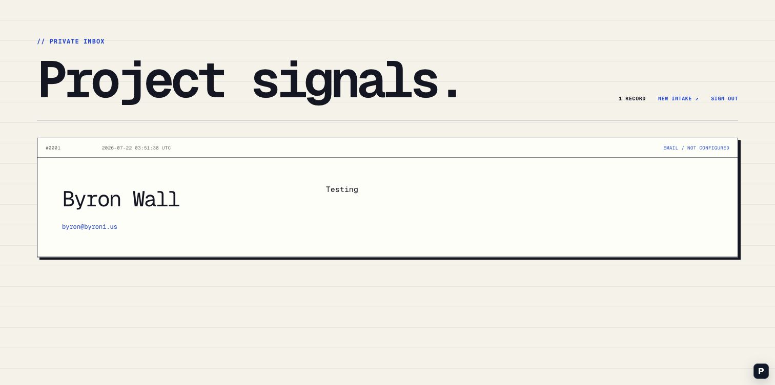 Private Project signals dashboard showing one stored AI project submission
