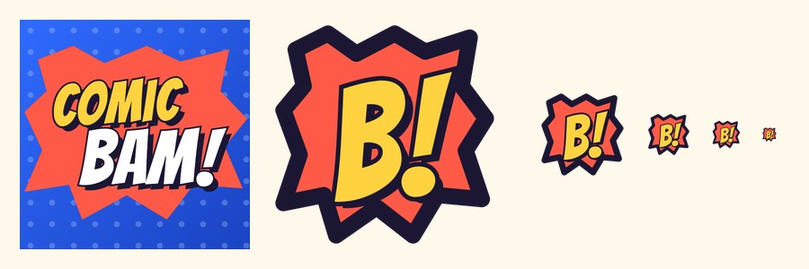 The ComicBam app icon with the COMIC BAM lockup, and the simplified B! burst favicon at 96, 48, 32, and 16 pixels