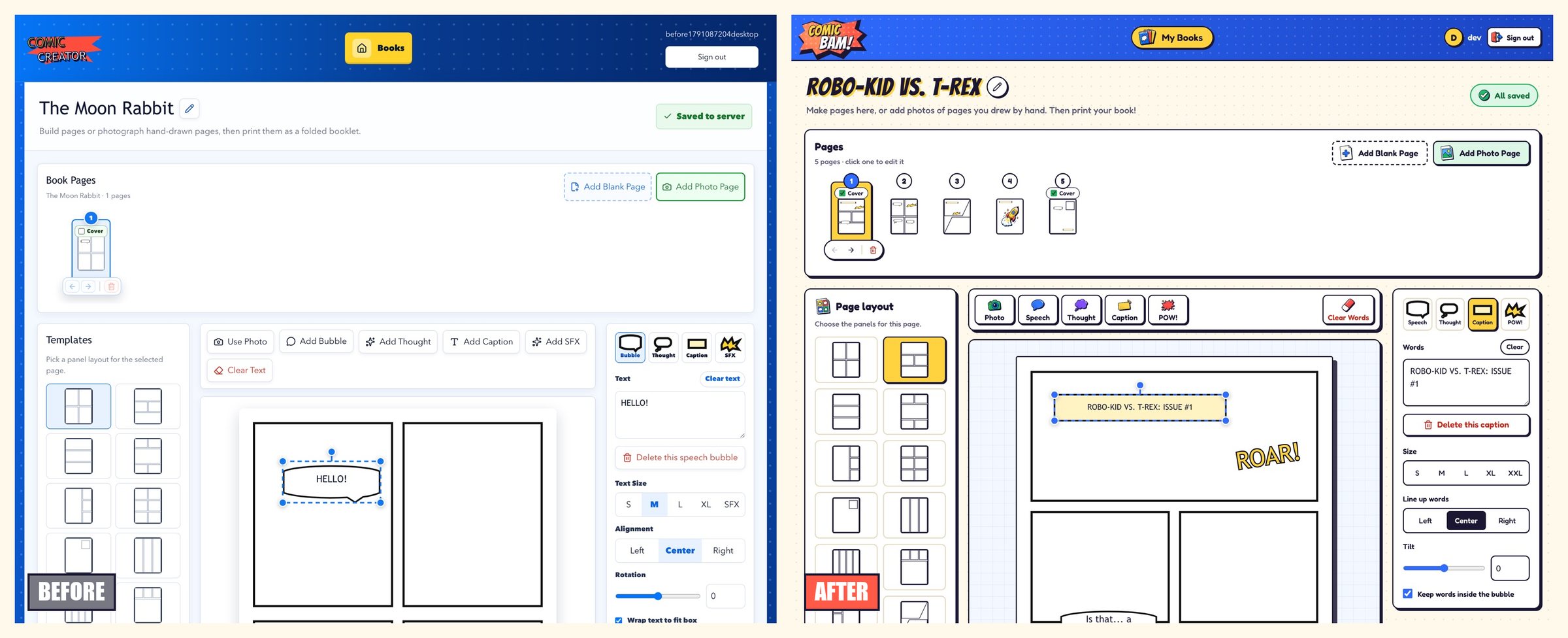 Side-by-side editor: the old plain toolbar with Add Bubble and Add SFX, and the new single-row toolbar with sticker icons above Photo, Speech, Thought, Caption, and POW!