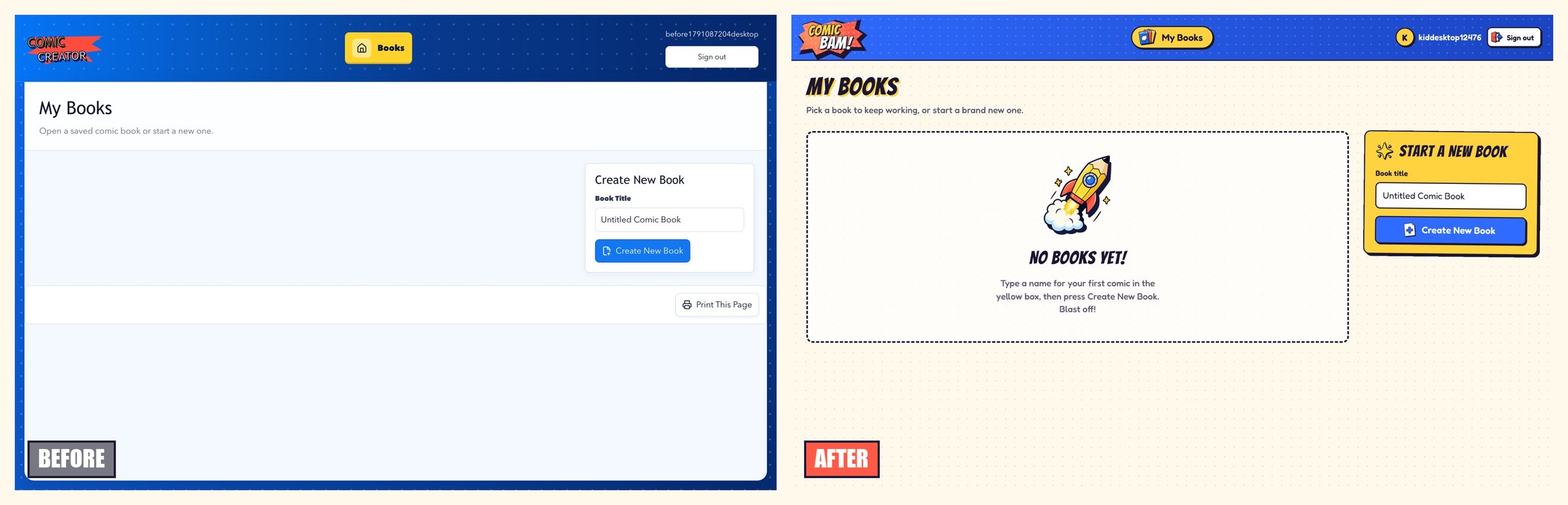 Side-by-side empty library: the old blank page, and the new No books yet message with a rocket-pencil sticker