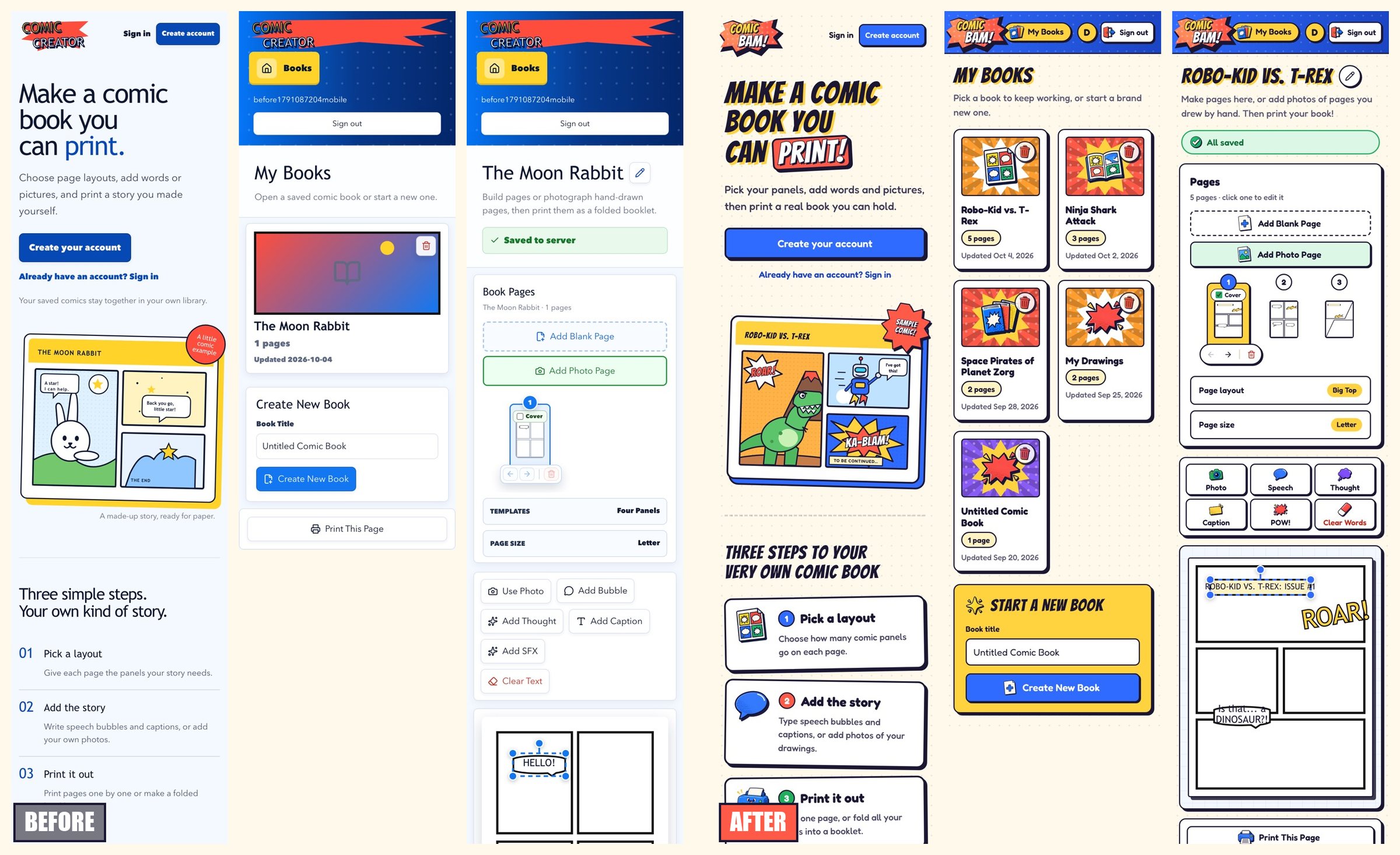 Phone screenshots of the home page, library, and editor, before and after