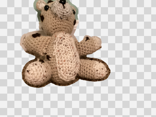 The selected production background removal output composited on a checkerboard, preserving the right appendage of the stuffed animal