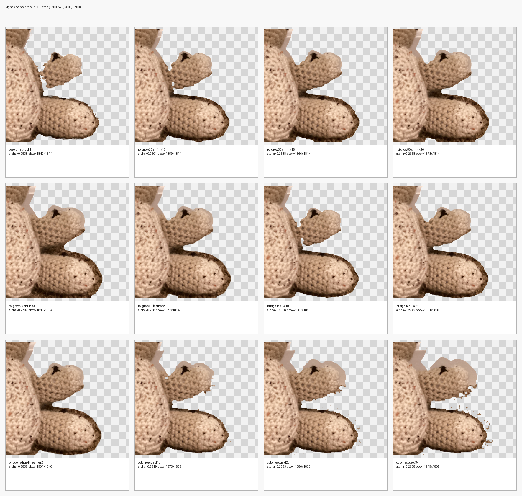 A targeted ROI contact sheet comparing right-side stuffed animal mask repair options including grow shrink, bridge, and color rescue variants
