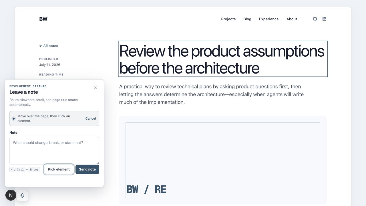 The local portfolio with the development feedback panel open and the article heading outlined by the element picker