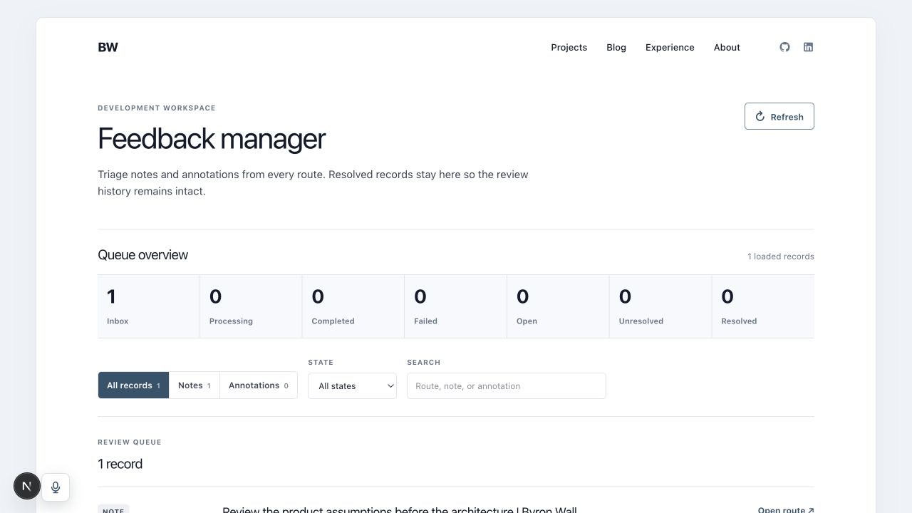 The development feedback manager showing one inbox note, queue state counts, filters, and the review queue