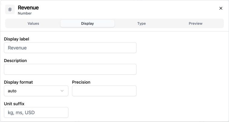 Isolated Revenue inspector Display tab with label, description, format, precision, and unit controls