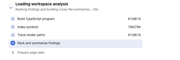 tsx-dataflow analyzing Pluck with program construction, symbol indexing, and render tracing complete while findings are ranked