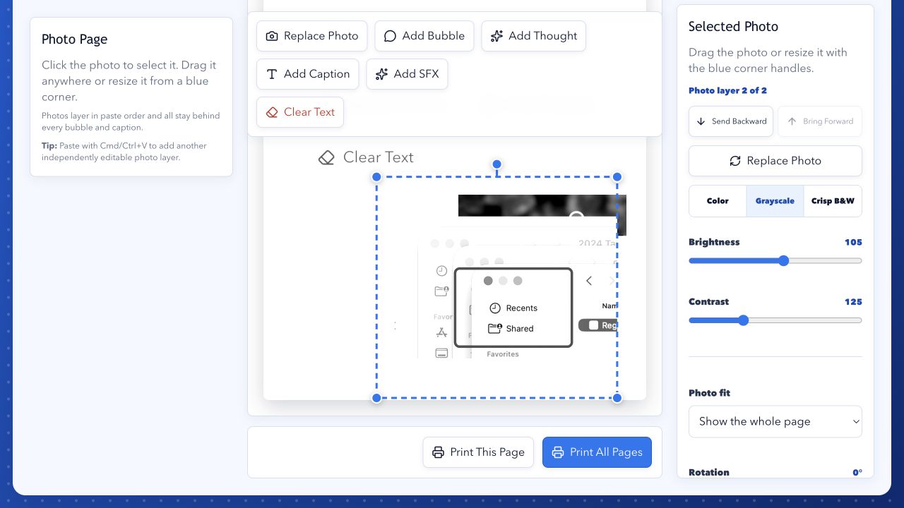 A photographed page selected as a movable image layer, with resize corners, a rotation handle, and image controls in the right inspector