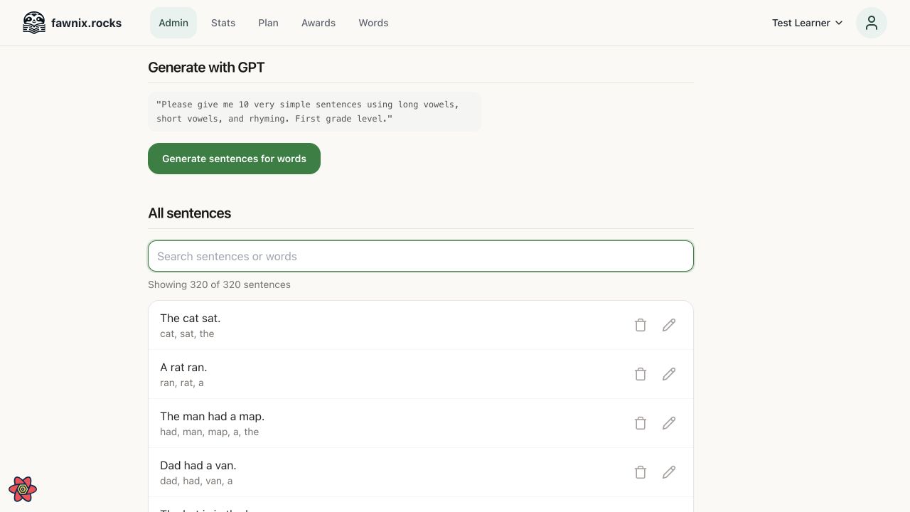 fawnix.rocks admin sentences page with GPT generation controls, search field, count of 320 sentences, and editable sentence rows