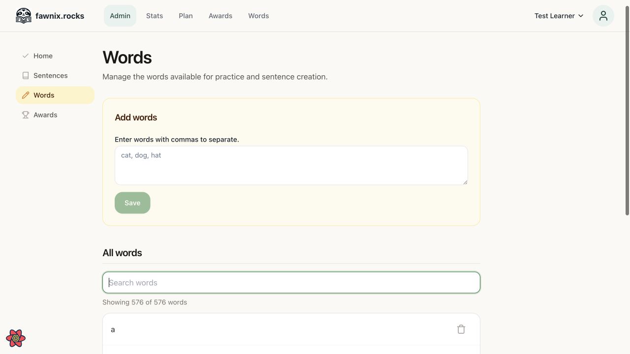 fawnix.rocks admin words page with sidebar navigation, highlighted Add words panel, search field, and word list