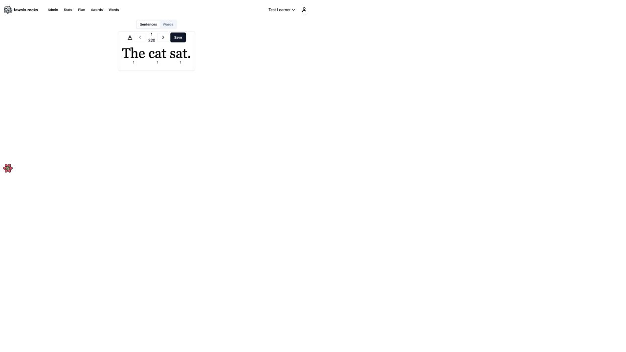 Baseline fawnix.rocks desktop reader with a small sentence card near the top and most of the viewport empty