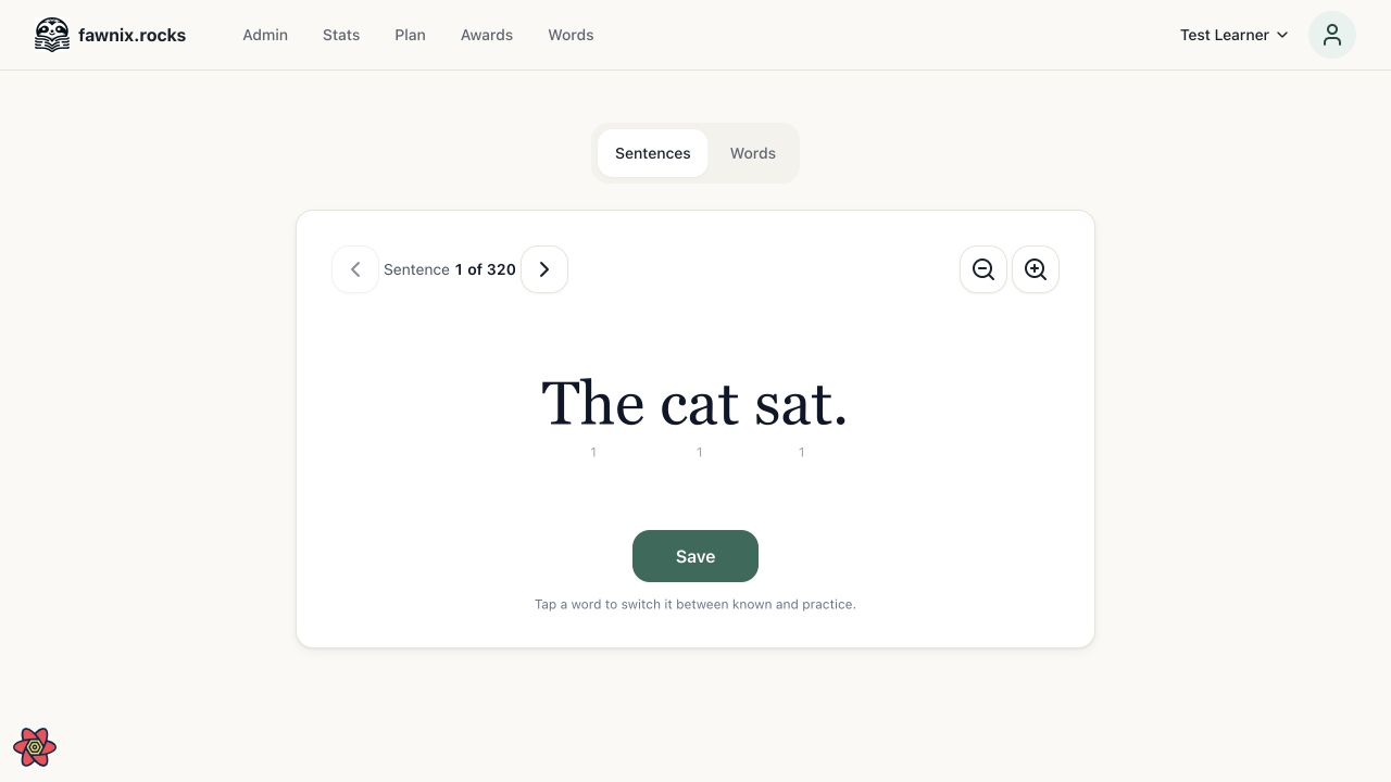 Polished fawnix.rocks desktop reader with sentence and word tabs, a large centered reading card, navigation, zoom controls, and Save action