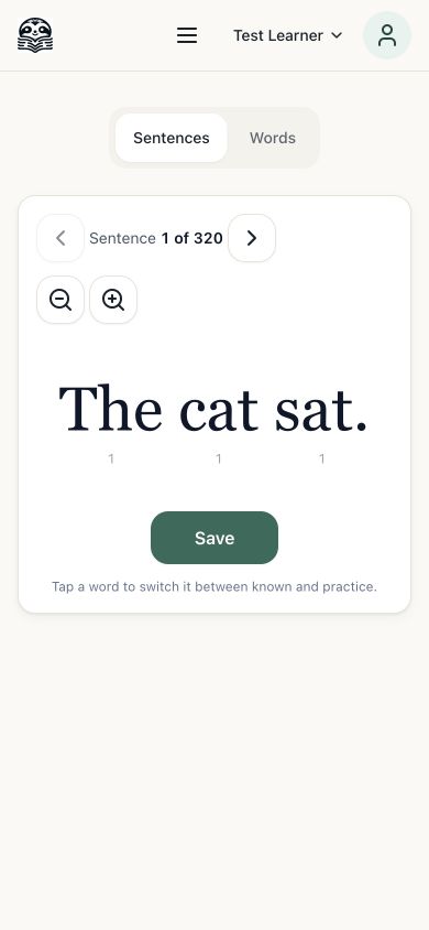 Polished fawnix.rocks mobile reader with a compact header, sentence and word tabs, stacked controls, large sentence, and Save button