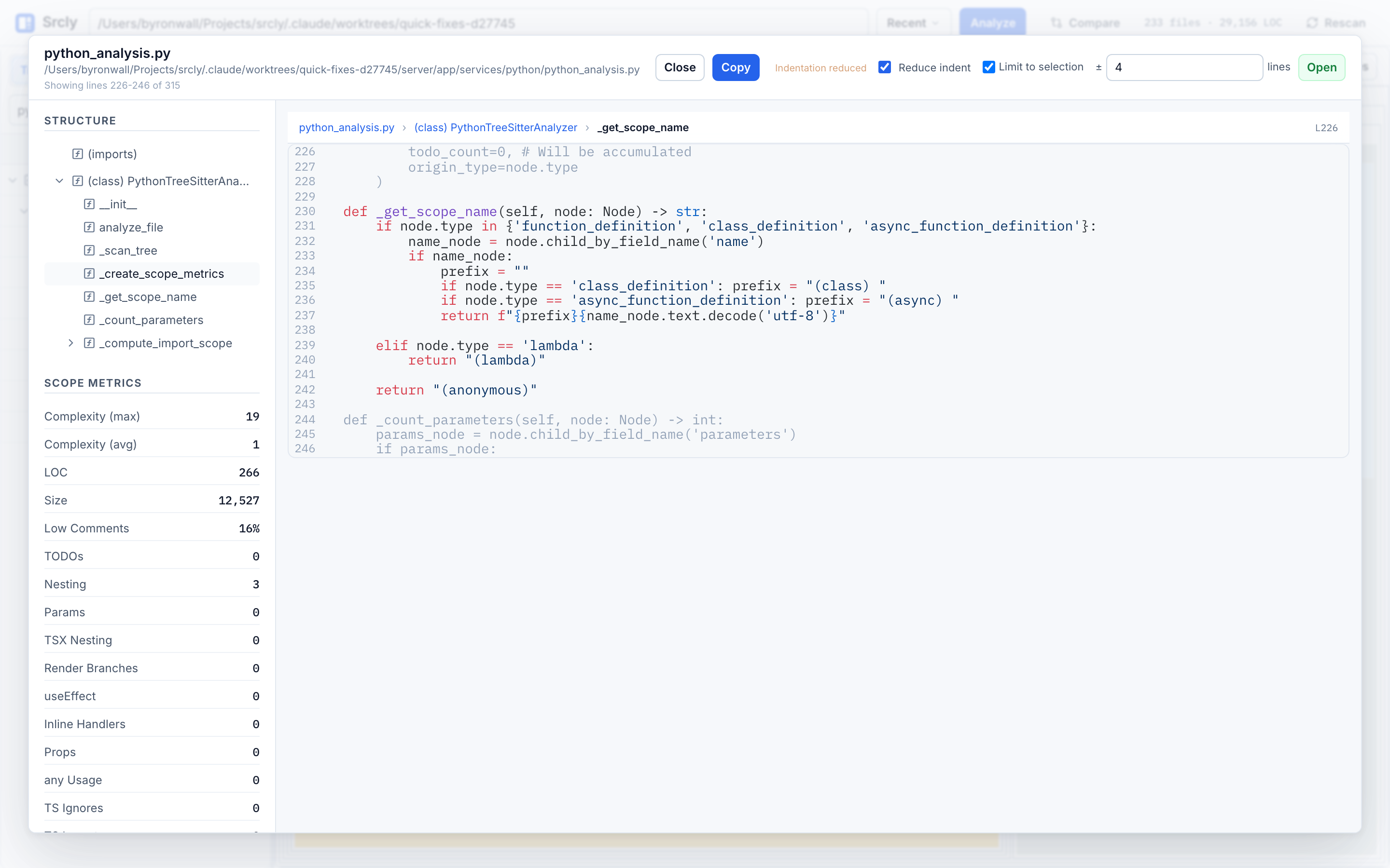 Old metrics panel for a Python function listing TSX and Markdown metrics with zero values