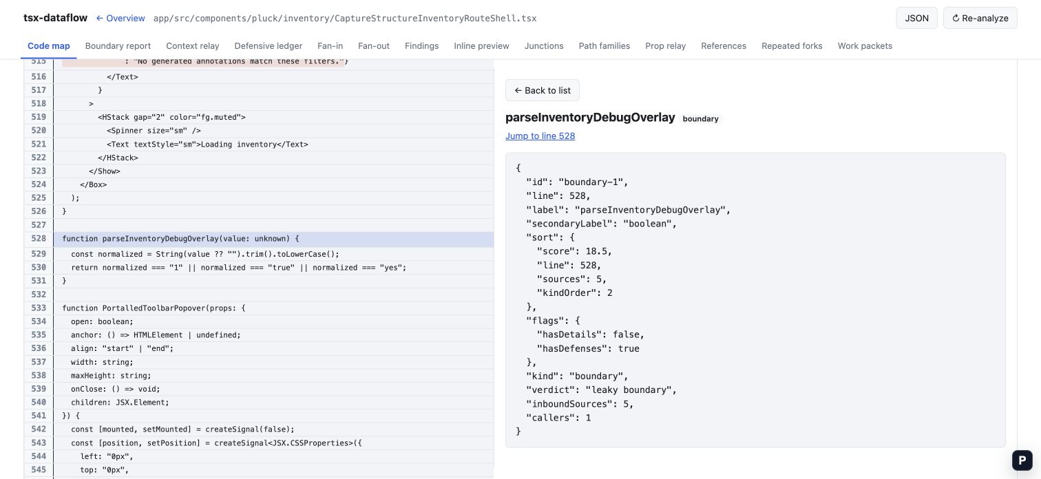 The SolidJS code map with highlighted source and a selected boundary detail panel