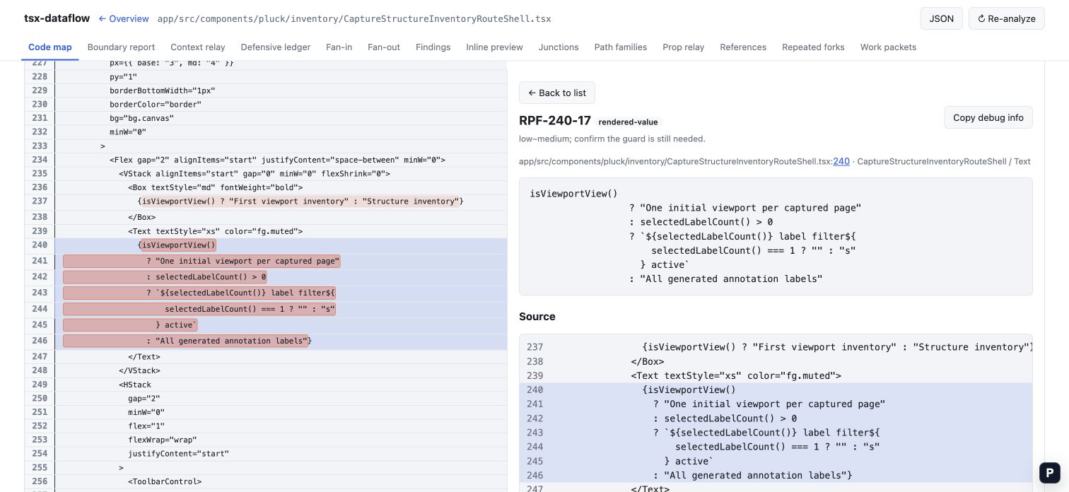 The native SolidJS finding detail view with the selected source range highlighted