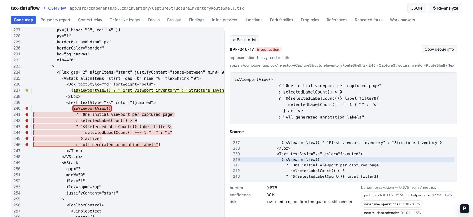 The earlier finding detail view with a highlighted render path and analysis metrics