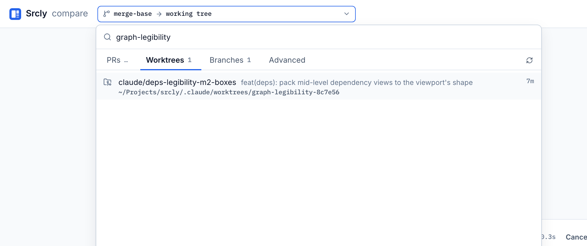 Compare picker filtered to worktrees, showing branch names, ahead and behind counts, and PR context