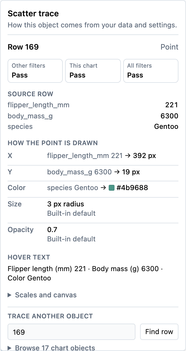 Reorganized scatter trace with row and filter results, source values, drawing details, and collapsed scale details