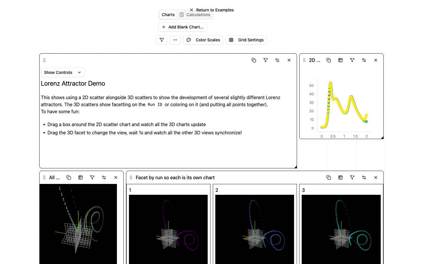 Repaired explorEDA demo showing instructions, a linked 2D chart, and coordinated faceted 3D Lorenz attractor charts