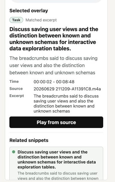 The selected overlay detail pane showing item type, match quality, source excerpt, related snippets, and play action