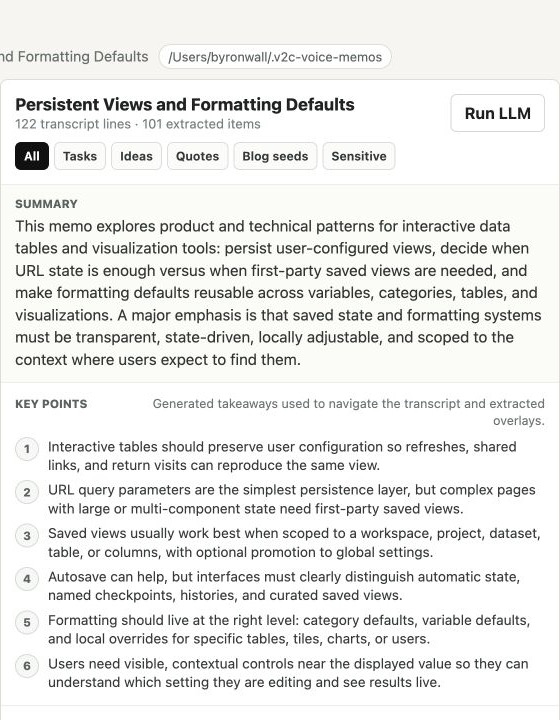 The transcript header showing title, summary, overlay filters, and generated key points