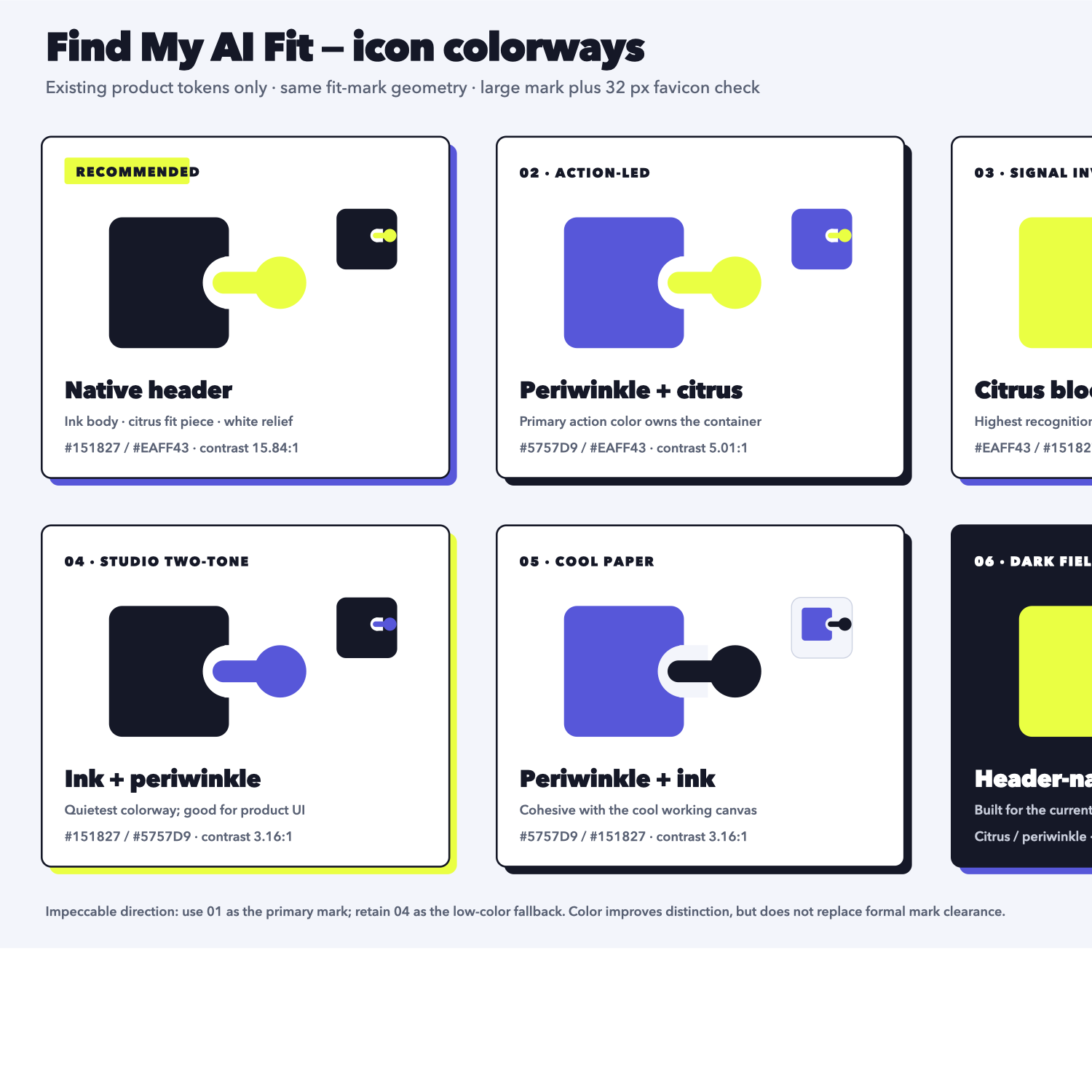 Find My AI Fit icon colorway contact sheet using the ink, periwinkle, citrus, and canvas product palette