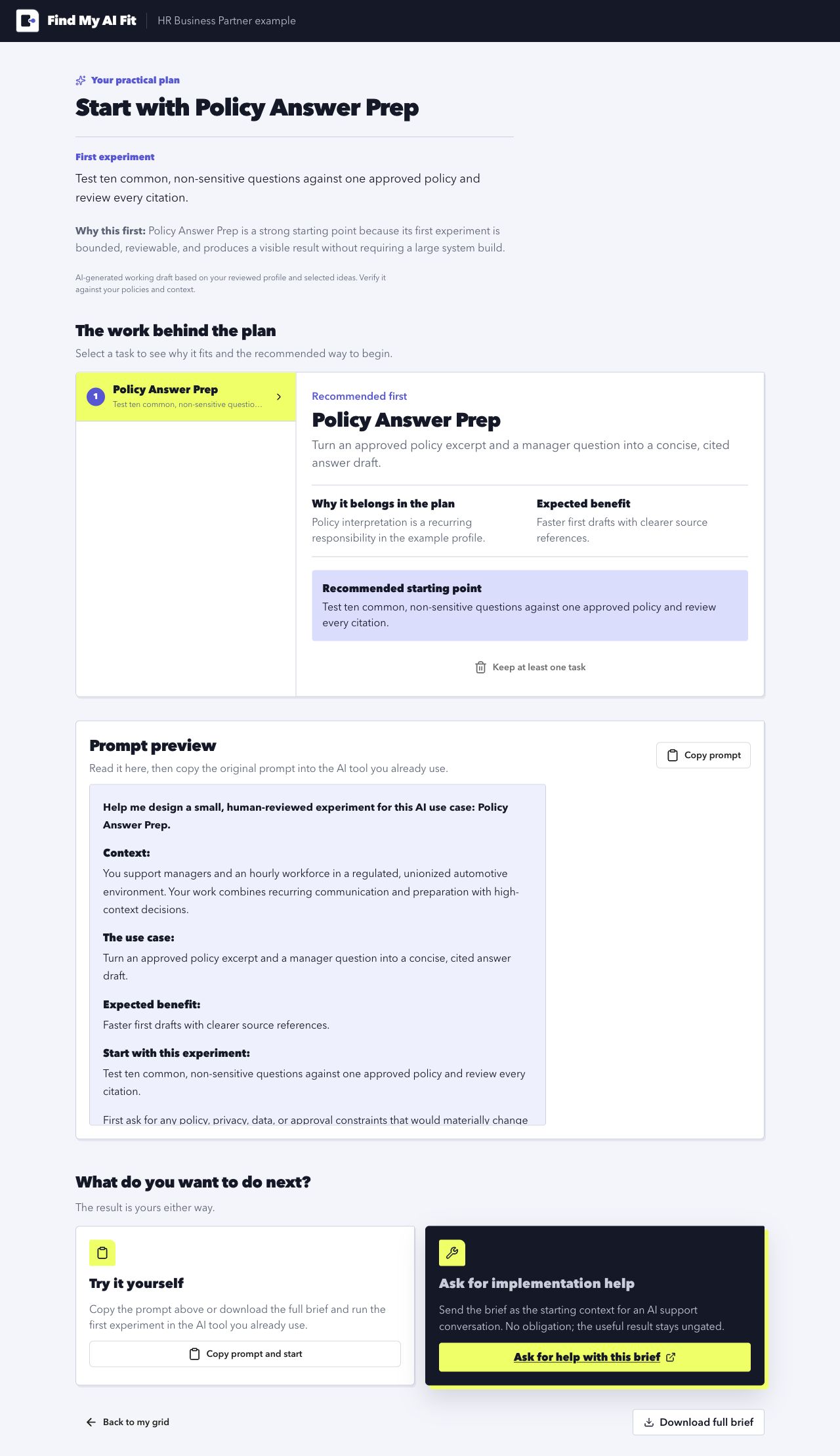 Current practical plan with a recommended first experiment, task detail, and ready-to-use prompt