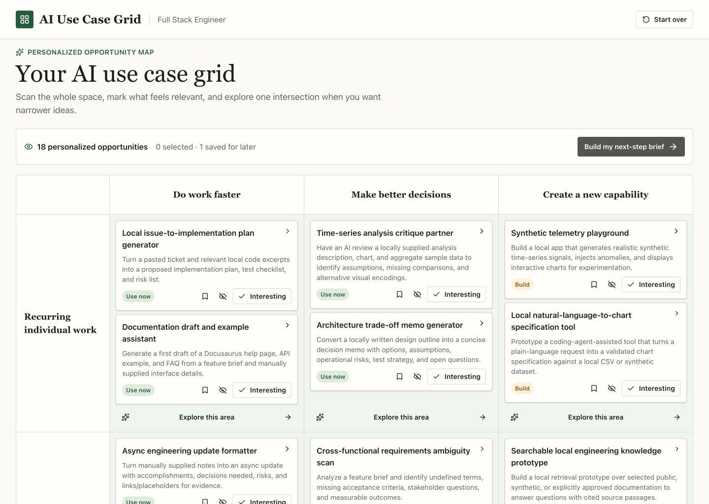 First implemented AI Use Case Grid with save, hide, interesting, detail, and explore actions