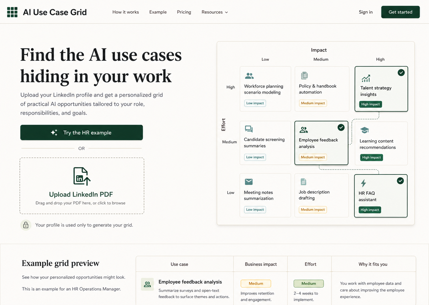 Early generated concept for AI Use Case Grid using an ivory and forest-green editorial design