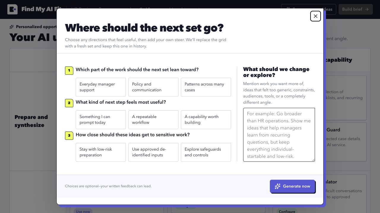 Generate more ideas dialog with guided questions and a large feedback field