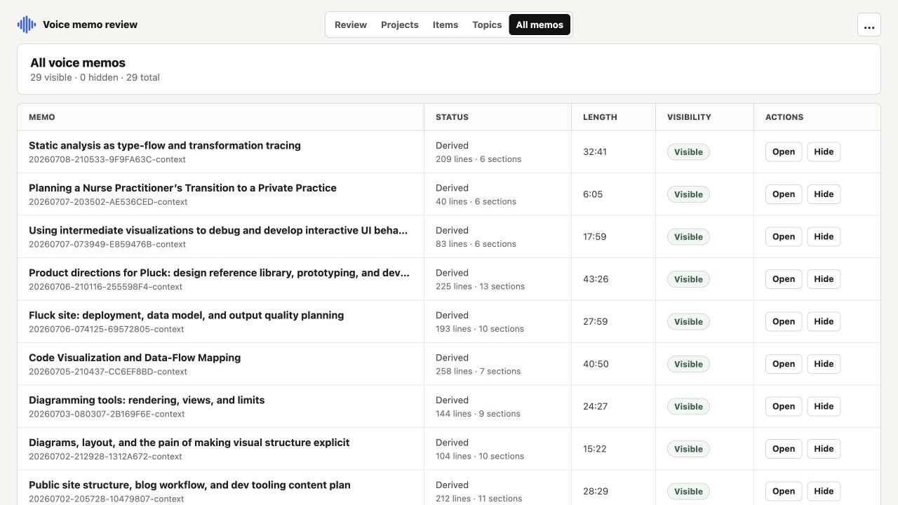 All voice memos view showing processing status, transcript size, duration, and visibility controls