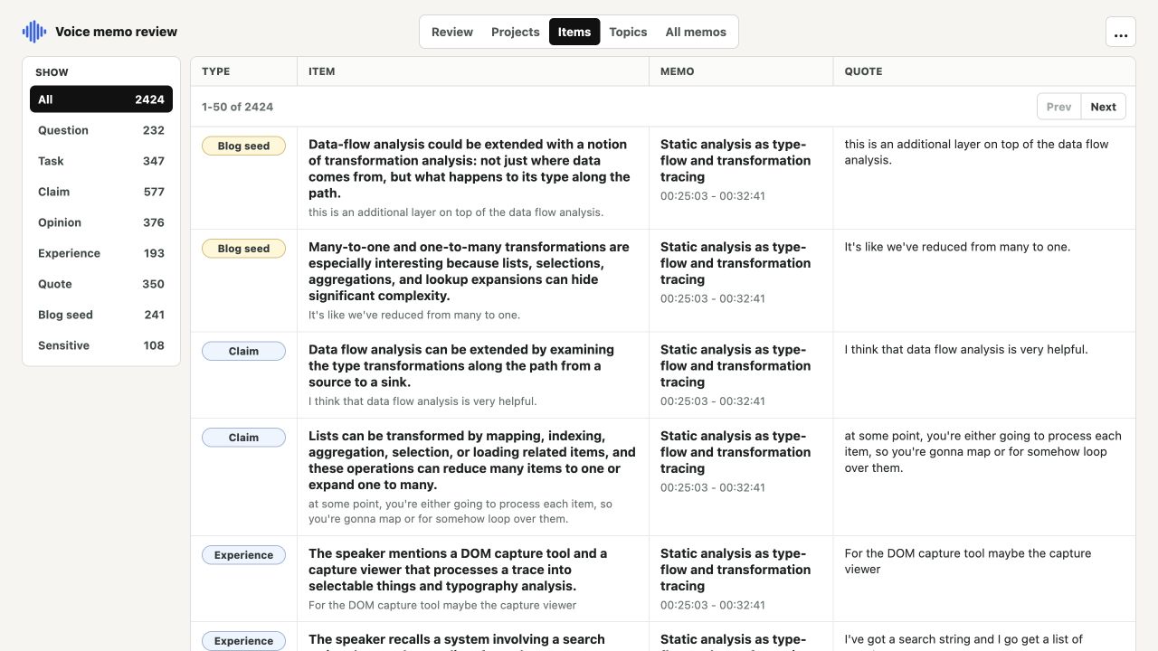 Collected items view with filters for questions, tasks, claims, quotes, and other extracted material