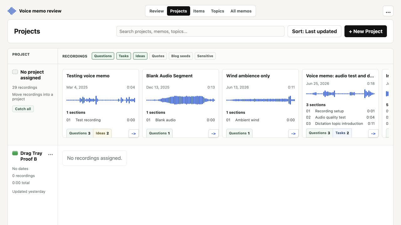 Projects view with voice memo waveform cards and extracted item counts