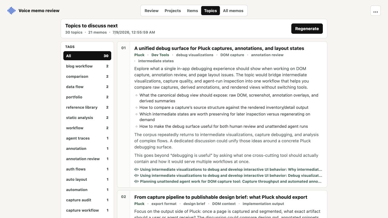 Topics view with cross-memo discussion ideas, tags, talking points, and source links